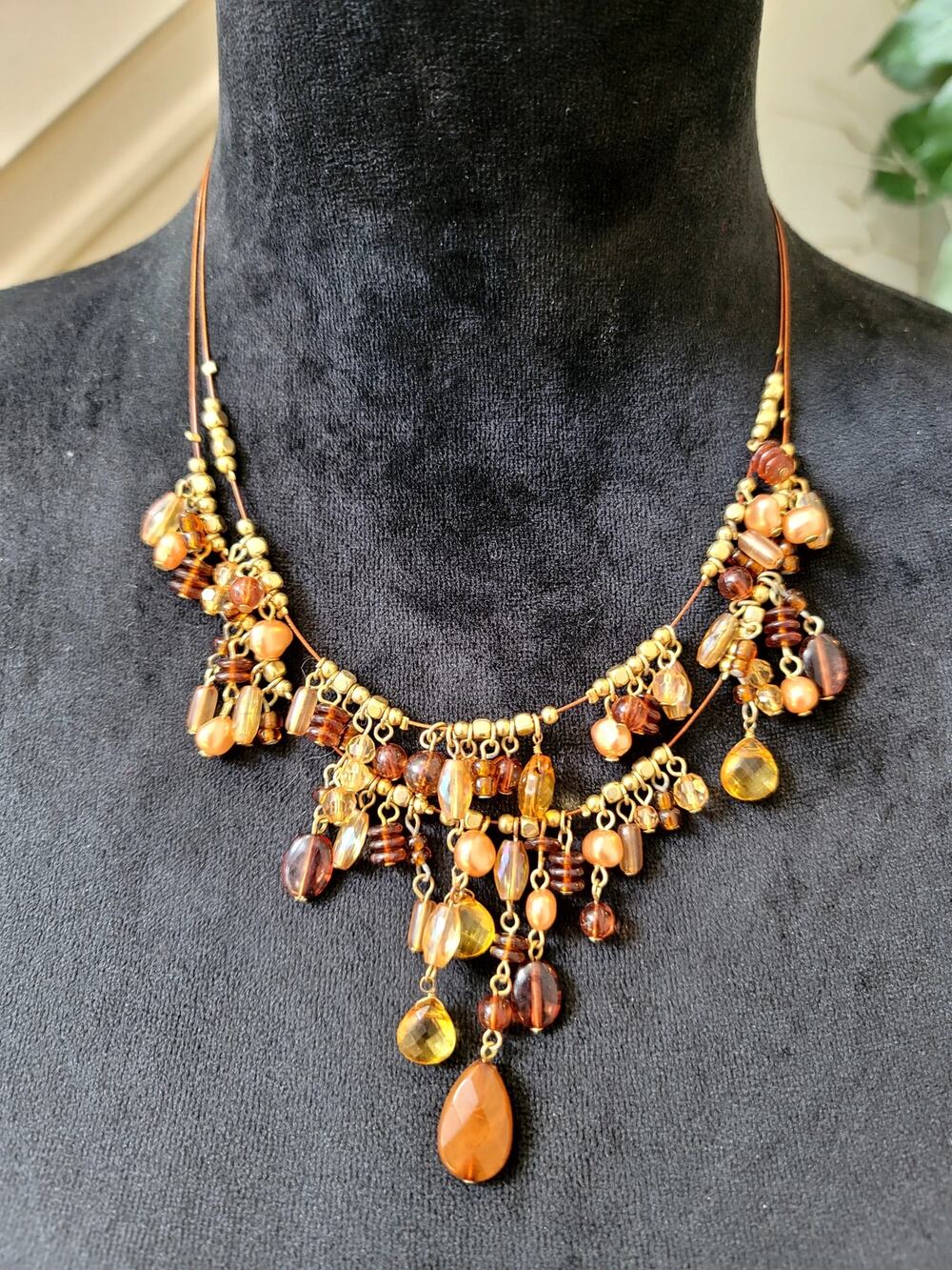 Amber Brown Crystal Fringe Statement Necklace Gold Tone Bib Boho Glam
